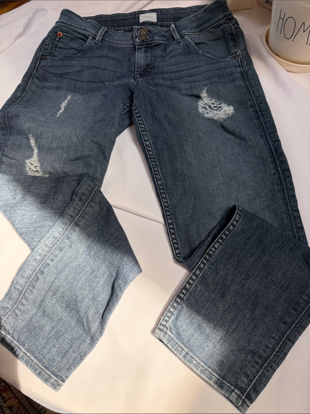Hudson Collin Flap Skinny Jeans. Size 28. Distressed light-wash style.